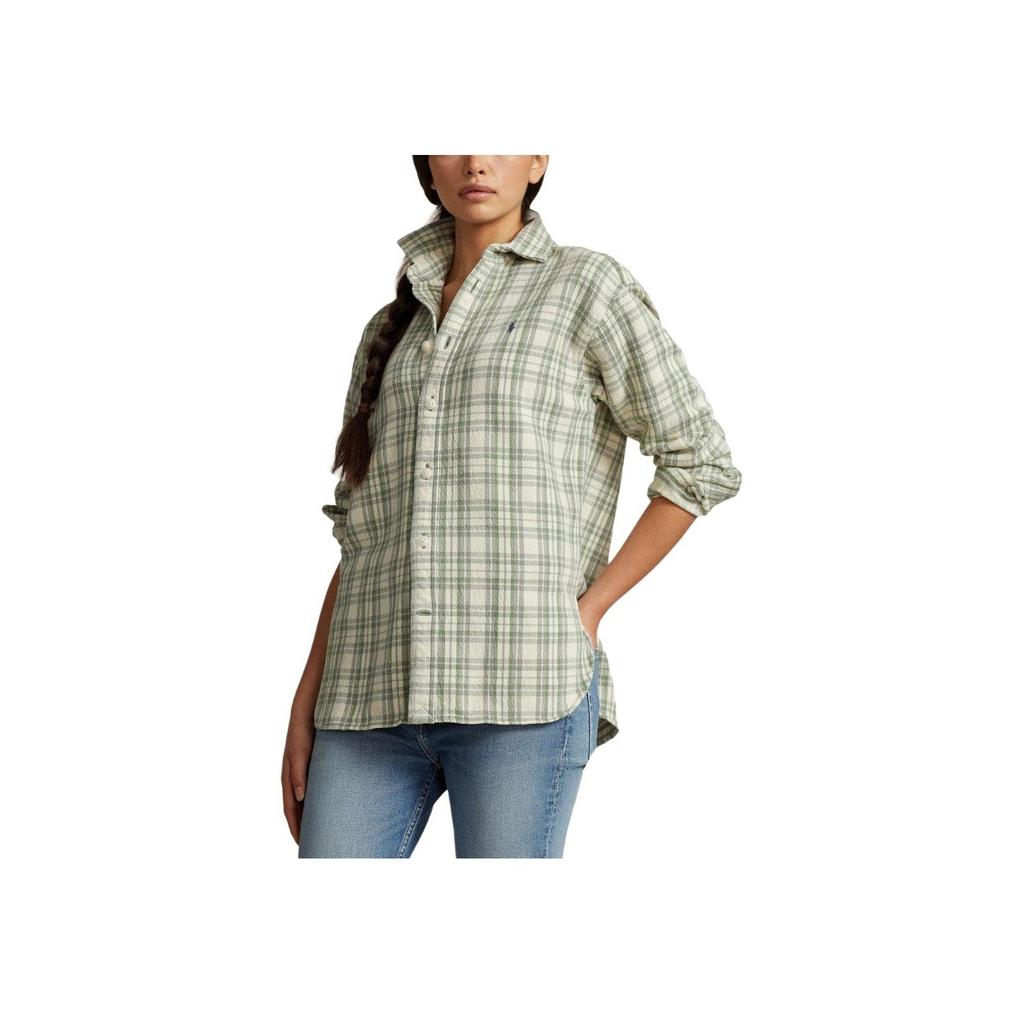 Polo Ralph Lauren SS24 Embroidered Plaid Single-Breasted Loose Long Sleeve Shirt Women Shirts Moss-Green 211928701-001