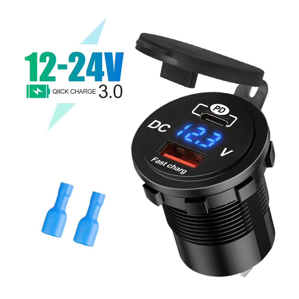 Kebidu Quick Charge QC 3.0 18W USB Car Charger Socket Digital Display Voltmeter Charger Socket with ON-OFF Switch for Auto Motorcycle 12-24V