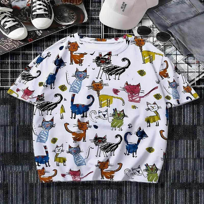Мужская футболка с красочным рисунком кошки, повседневная, из полиэфирного волокна, с круглым вырезом и короткими рукавами, подходит для комфортного отдыха на открытом воздухе и повседневной жизни летом XXL