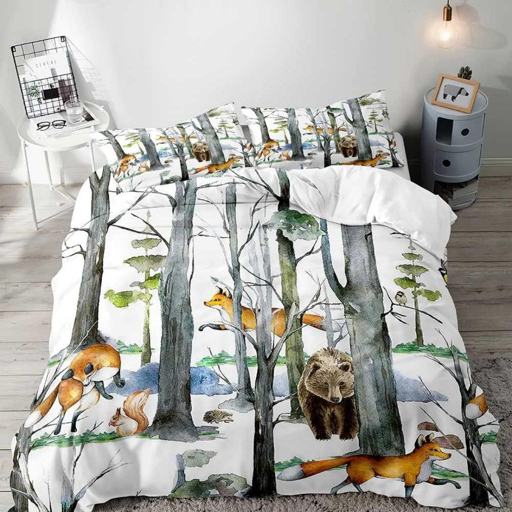 Cartoon Forest Animals Duvet Cover Queen King Size Double Bed Children Boy Bedding Bear Deer Fox Rabbit Country Cottage 3 Pcs