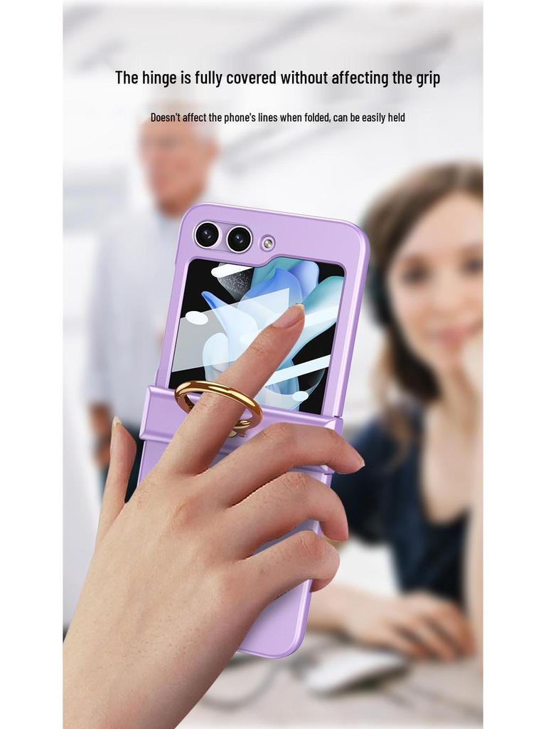 GKK Samsung Z Flip5 Full Coverage Frosted Case with Finger Ring Buckle & Small Folding Hinge.