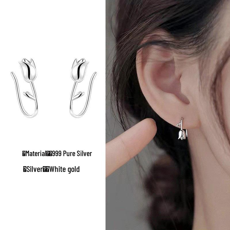 Solid Sterling Silver S999 Tulip Rose Flower Ear Cuffs Korean Style Women's Jewelry