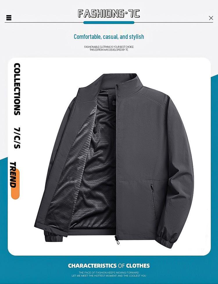 Męska Wiatroszczelna Wodoodporna Kurtka ze Stójką - Długi Rękaw, Luźny Krój, Jednolity Kolor na Wiosnę i Jesień