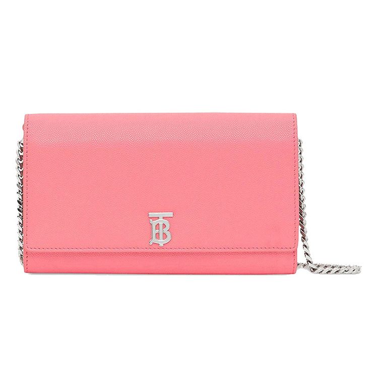 Burberry TB Monogram Leather Chain Wallet, Luxury Pink Silver-Tone Hardware Crossbody Clutch Handbag for Women, Evening Out & Daily Use 8024960