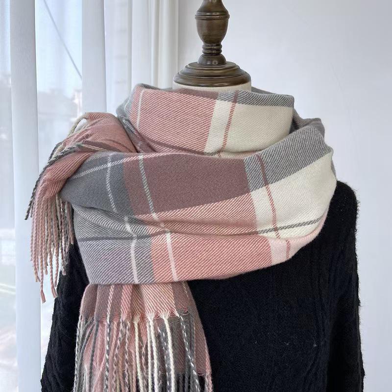 Imitation Cashmere Plaid Scarf - Women's Korean Style Autumn Winter Shawl with Tassels