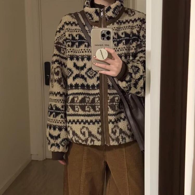 Унисекс ретро индийский тотемная плюшевая куртка - Осенне-зимнее пальто с воротником-стойкой из шерсти ягненка XXL