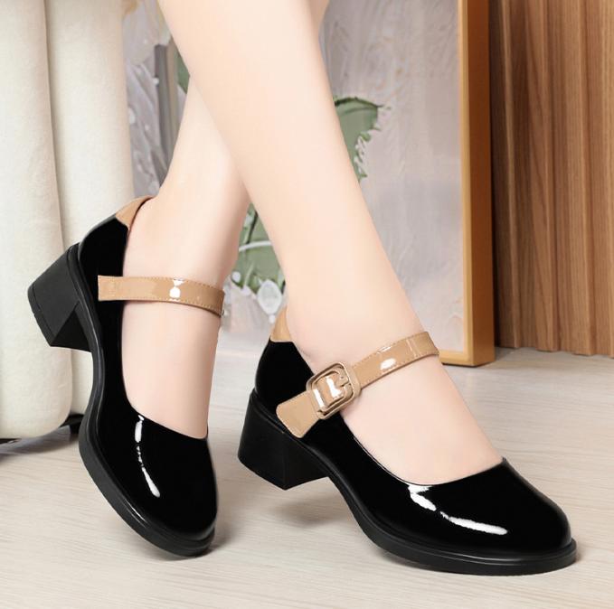 Women Fashion Sweet High Quality High Heel Shoes Female Round Toe Leather Shoes Non-slip Spring Loafers Ladies Party Office Shoe