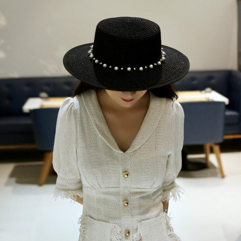 Export Foreign Trade Single Summer Female Japanese Black Flat Top Top Top Hat French Pearl Sunshade Holiday Beach Sun Straw Hat