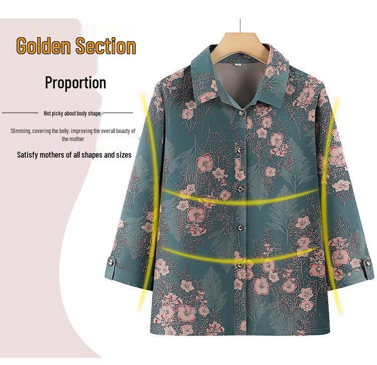 Grandma Chic Seven-Sleeve Lightweight Blouse for Elderly Women - Plus Size Summer Top