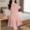 ZANZEA Women Casual Turn Down Collar Short Sleeve Pleated Dress