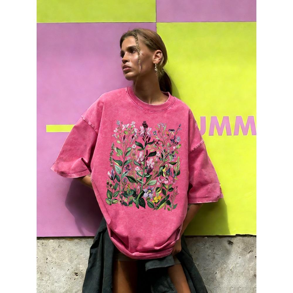 With Different Beautiful Flower Prints, Women's Washed T-shirts, Summer Loose T-shirts, Round Neck Clothes, All-match Streetwear
