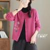 Embroidered Placket Cotton Knit Cardigan - Artistic Round Neck Solid Color Sweater for Autumn/Winter
