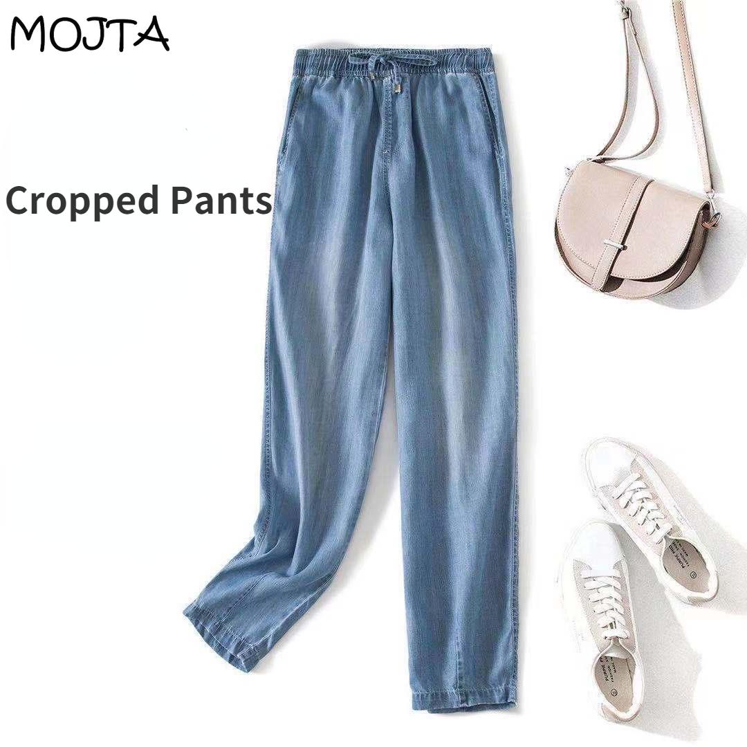 

Женские летние повседневные брюки большого размера с высокой талией, свободные тонкие джинсы из тенселя, джинсовые укороченные брюки 4XL