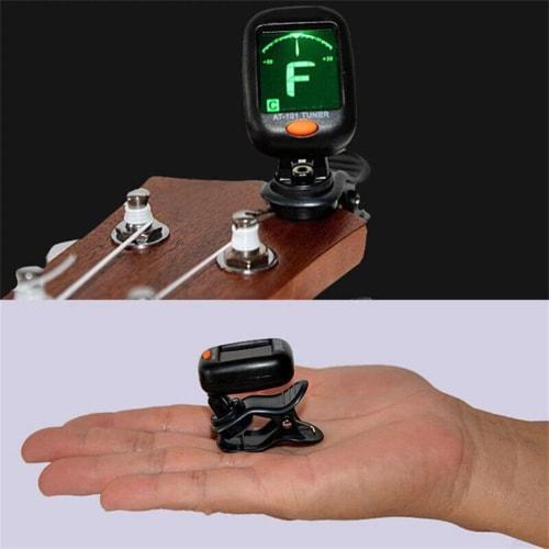 High-Precision Clip-on Tuner for Guitar, Ukulele, Bass, and Violin with Rotating LCD Display and Portable Chromatic Tuner
