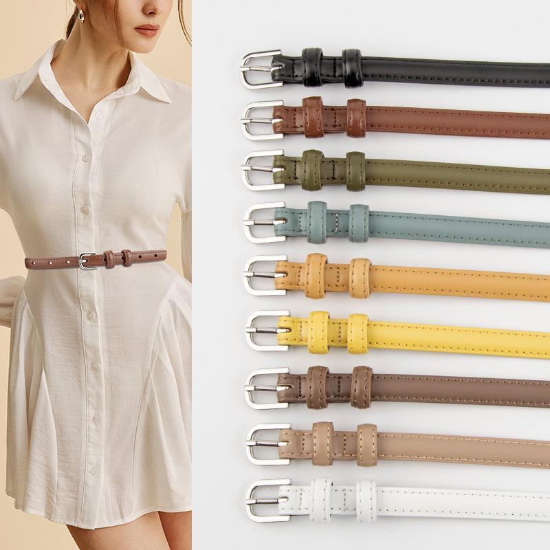 Writing A Notebook Women's Korean Style Genuine Leather Thin Belt Cowhide Alloy Pin Buckle Retro Simple Hong Kong Style Girls' Thin Belt 105Cm