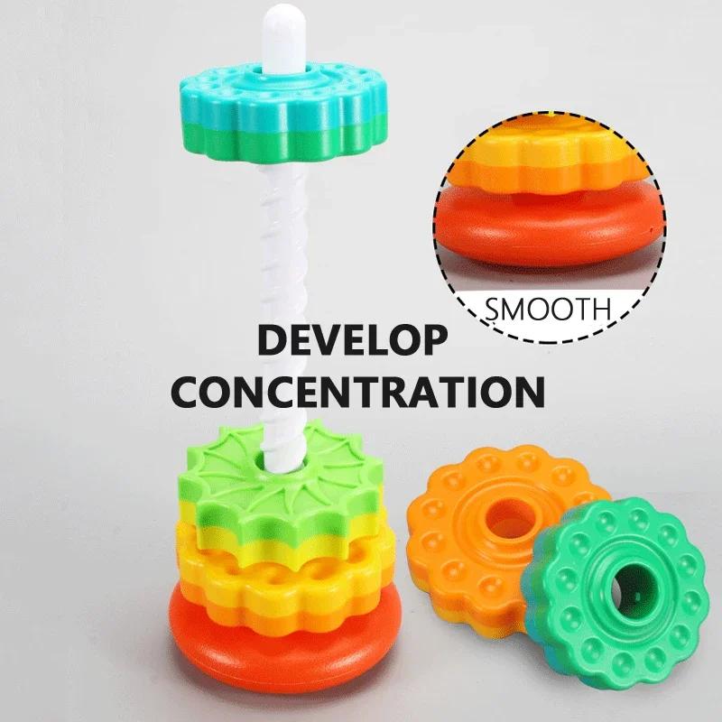 Baby Cognition Rainbow Spinning Tower Toy Funny Montessori Early Education Geometric Ring Stacking Block Sensory Toy for Toddler
