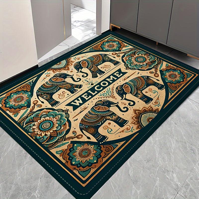 Luxury Flannel Floor Mat Carpet with Thick Sponge Cushion,Non-Slip Washable Vintage Elephant Design for Bedroom Kitchen Bathroom