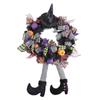 Witch Halloween Wreath with Hat Legs Pumpkin Door Wreath, Artificial Maple, Pumpkin Wreath for Halloween Decorations