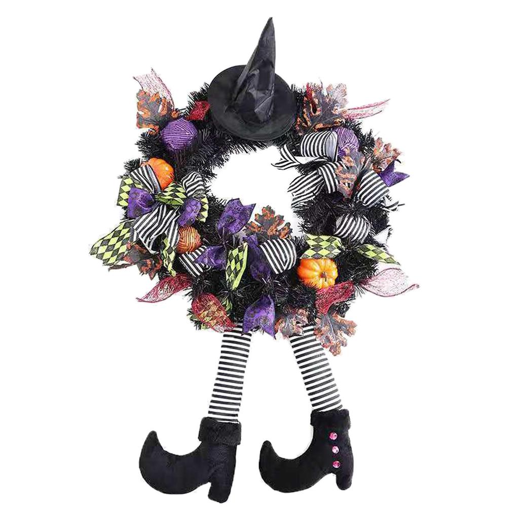Witch Halloween Wreath with Hat Legs Pumpkin Door Wreath, Artificial Maple, Pumpkin Wreath for Halloween Decorations