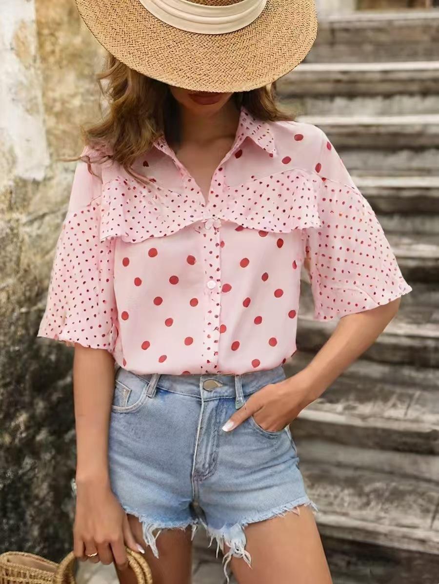 Women Clothing Summer Ruffle Short Sleeve Fashion Elegant Polka Dot Chiffon Blouse M