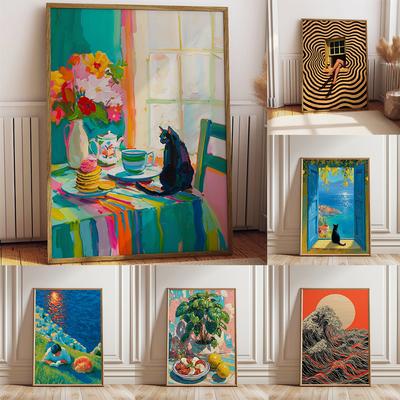 Black Cat Wall Art Print Mediterranean Window Oil Painting Poster Coastal Sea View Lemon Amalfi Canvas Painting Decor