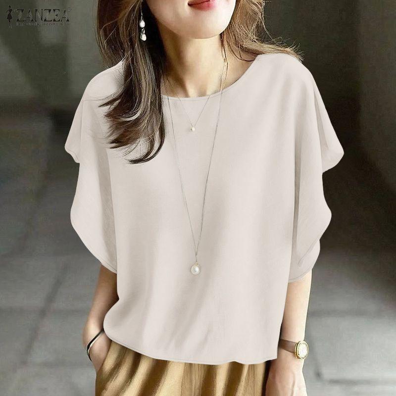 ZANZEA Women Casual Round Neck Summer Short Sleeve Blouse