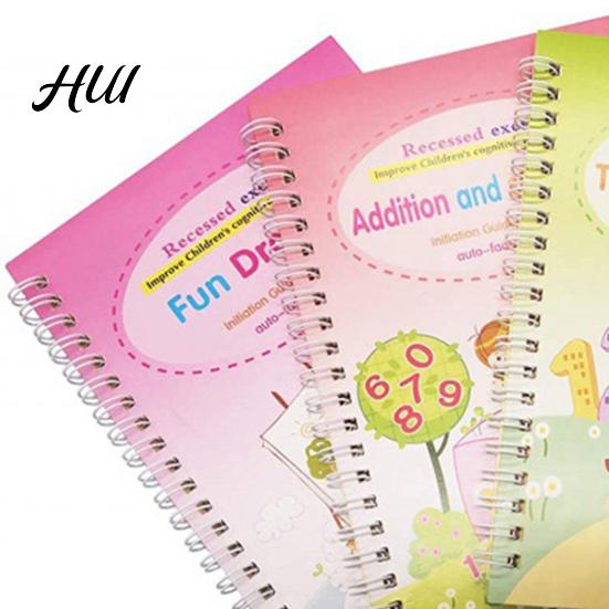Caderno de Caligrafia para Ensino Fundamental Inicial 4 Peças/Conjunto Kit de Caligrafia com Sulcos com Letras Números Educacional para Crianças Rastreamento Reutilizável