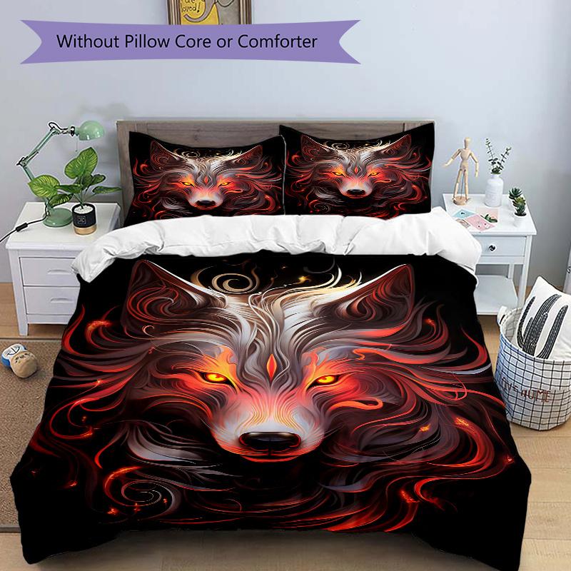 3pcs Flaming Wolf Printed Quilt Set - Includes 1 Quilt Cover and 2 Pillowcases, Machine Washable - Suitable for All Seasons.J054