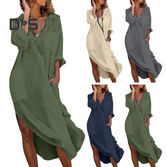 Women Summer Lapel V Neck Shirt Dress Solid Color Pockets Design Side Split Loose Fit Thin Midi Dress Beach Holiday Dress