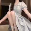 Blue plaid doll collar dress women's summer small retro college style design irregular short skirt