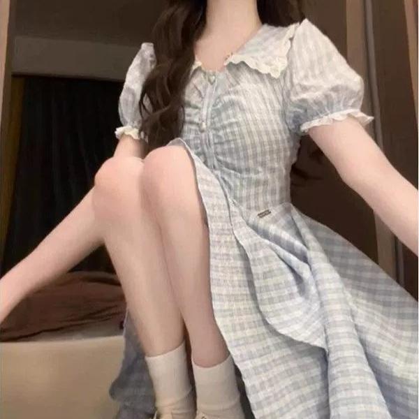 Blue plaid doll collar dress women's summer small retro college style design irregular short skirt