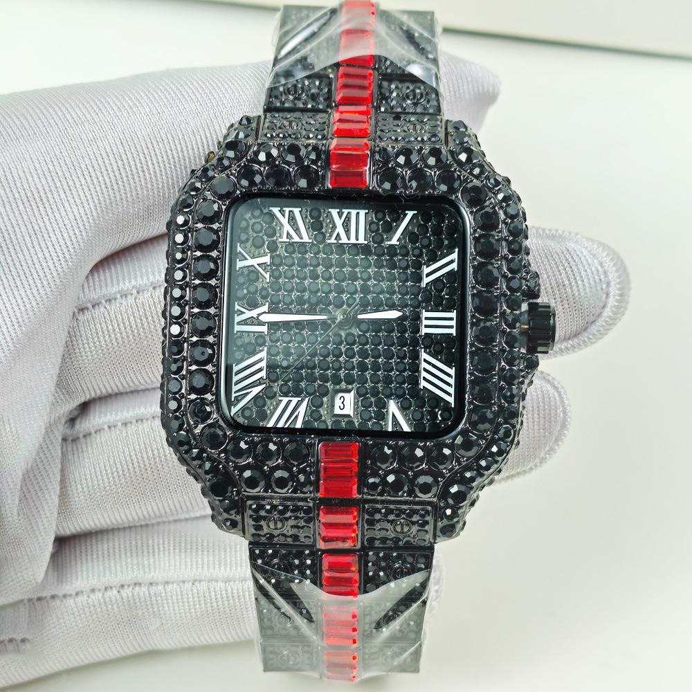 Men Quartz Watch Fashion Rainbow Digital Rome Dial Calendar Waterproof Hip Hop Diamond Wristwatch For Man Gift