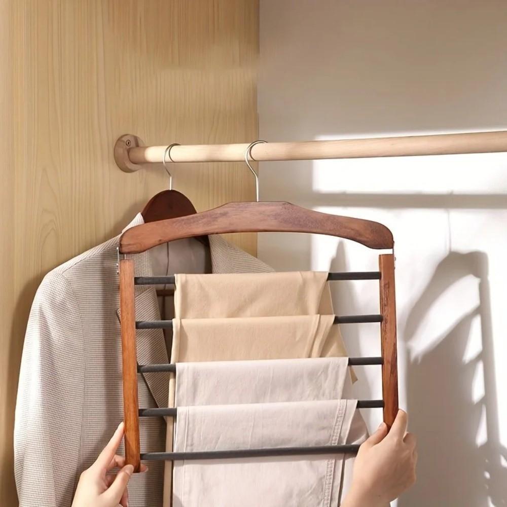 Premium Quality 5-layer Pants Hanger Wooden Flocking Tie Storage Rack Anti-slip Closet Organizer For Ties, Scarves & More