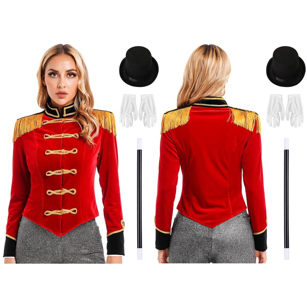 S-3XL Women's Complete Ringmaster Costume Set: Long Sleeve Fringe Shoulder Jacket with Hat, Gloves & Wand for Halloween Stage