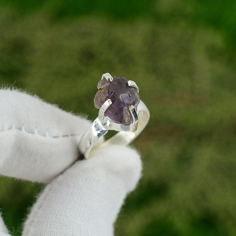925 Sterling Silver February Natural Amethyst Rough Promise Ring Jewelry US 6.5 6.5