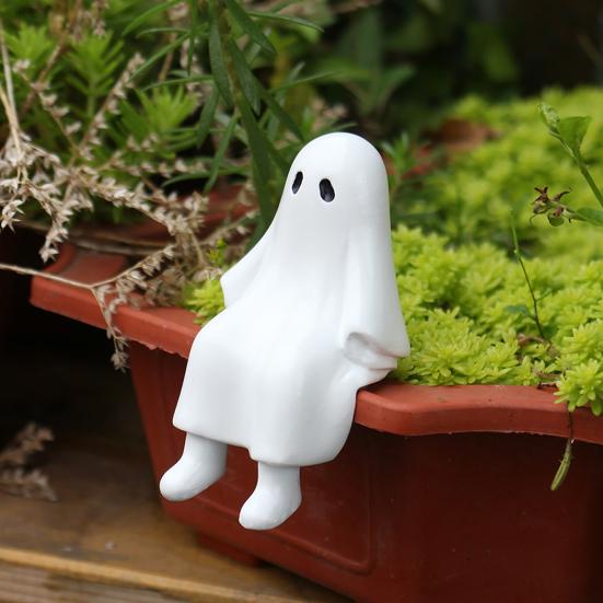 Sitting Ghost Figurine Halloween Ghost Statue Resin Desk Ghost Ornament for Indoor Planter Bookshelf Cabinet Decoration