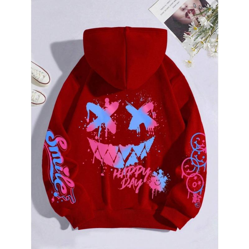 Nuova felpa con cappuccio da uomo autunnale, personalizzata con stampa di faccina sorridente, comoda, traspirante, per esterni, street style, felpa con cappuccio