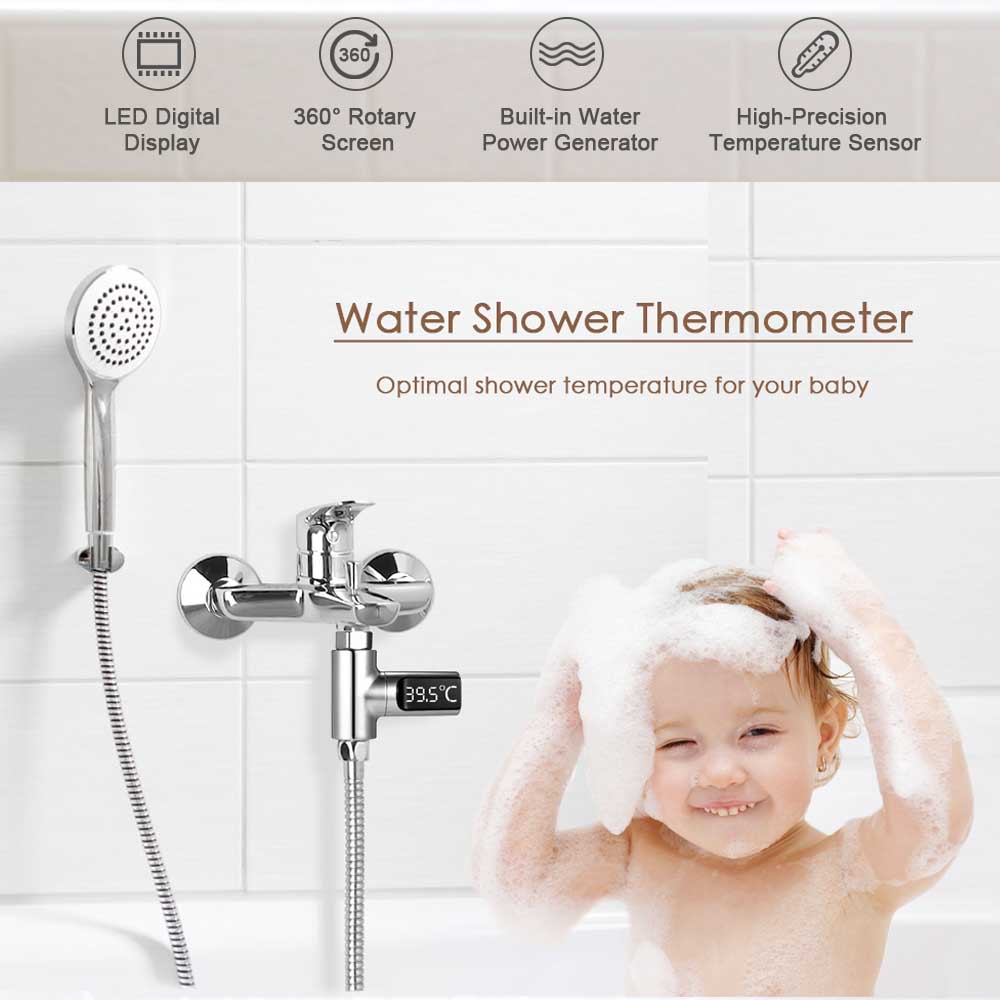 LED Digital 5.85 degrees C Shower Thermometer Self-Generating Real-Time Water Temperature Monitor Thermometer with 360 degrees Rotating Screen f