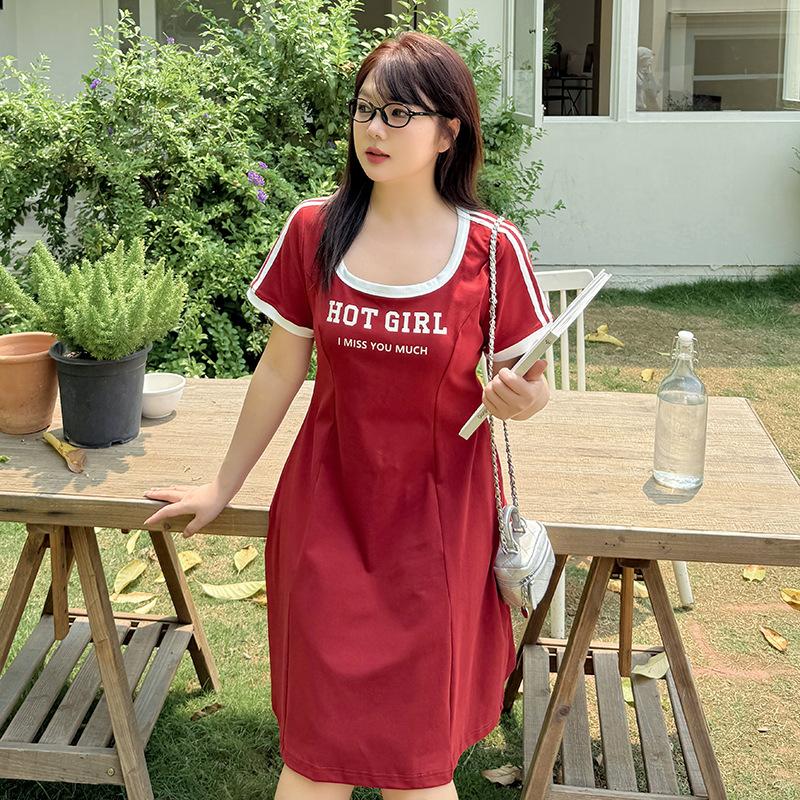 Large size women's clothing pure desire Spice Girl U-neck waist pinch dress summer new thin A-shaped dress 232256