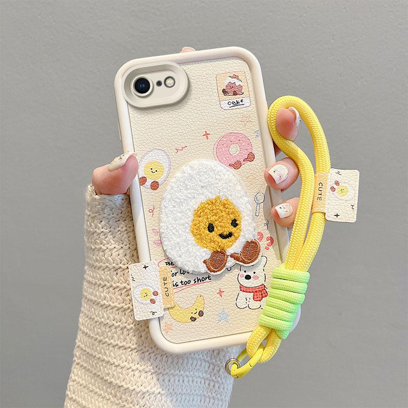 KEYSION Cartoon Cute Plush Embroidery Case for iPhone SE 2020 2022 with Lanyard Shockproof Phone Cover for iPhone 8 7 6s Plus