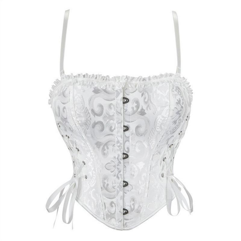 

White Jacquard Corset Top with Lace Trim Spaghetti Straps Front Hook Boned Bustier with Side Ribbons for Women S белый