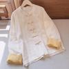 Women New Chinese Style Linen Blend Cardigan Mandarin Collar Frog Button Contrast Cuff Three-quarter Sleeve Casual Loose Fit Top