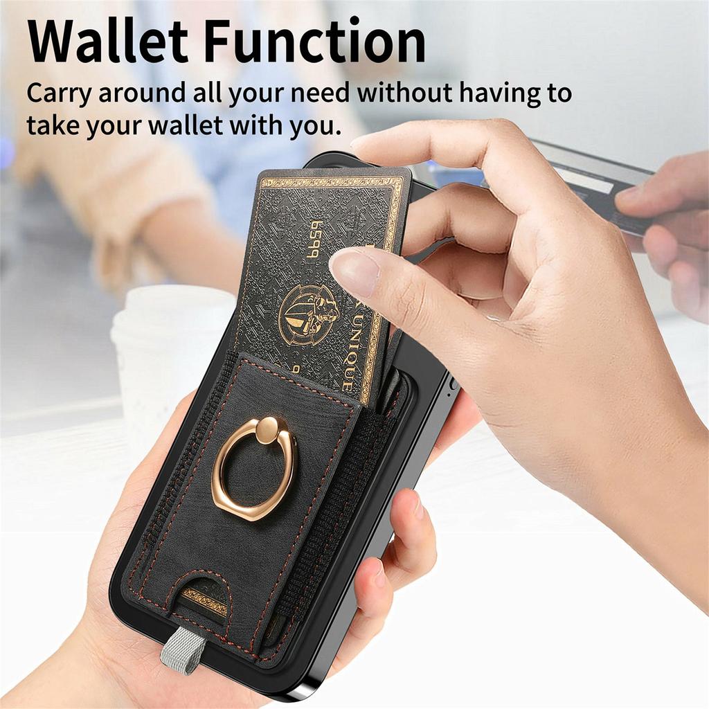 MC-W6 Universal Magnetic Card Holder with Ring Kickstand PU Leather Phone Card Bag