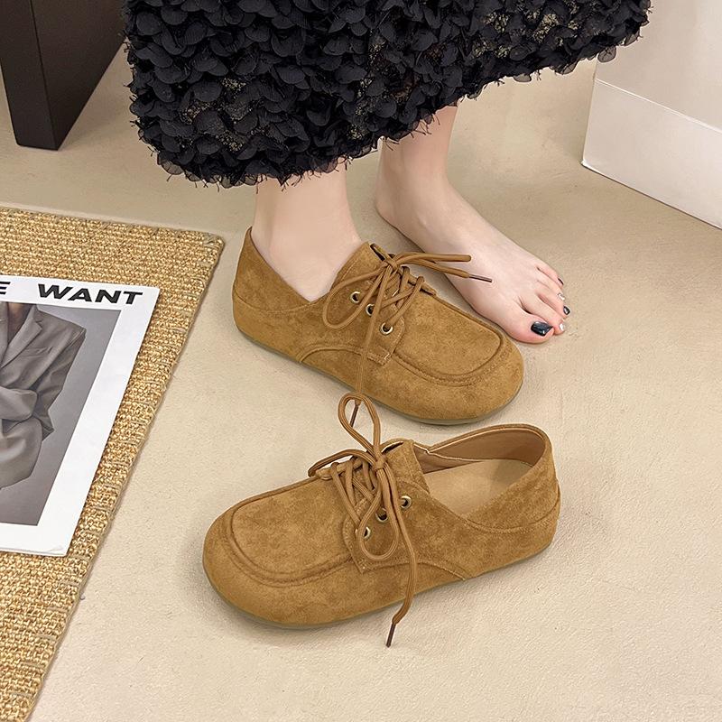 French loafer single shoes women's matte suede lace-up Oxford shoes not tired feet soft soles round head small leather shoes lace-up single shoes