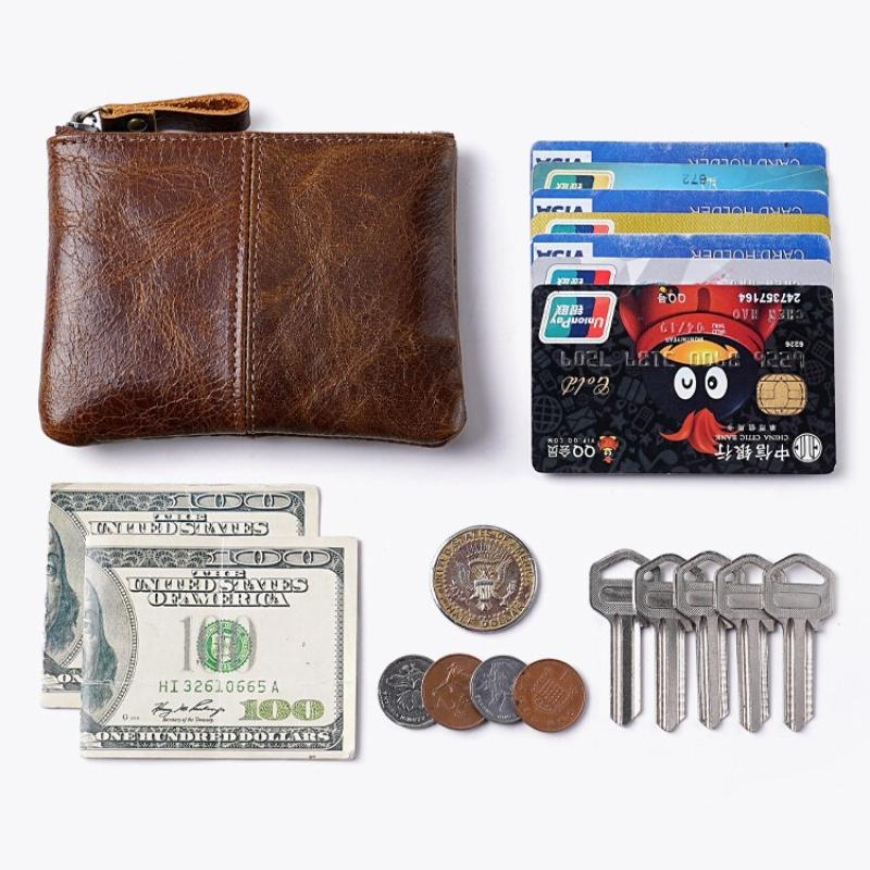 Mens and Women Retro Real Leather Zipper Wallet Card Holder Small Coins Keys Pocket Money Storage Pouch with Chain Key-ring