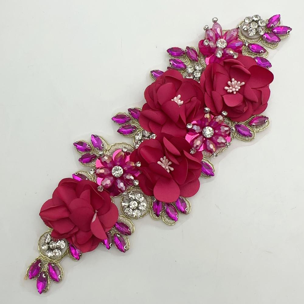 1PCS Handmade 3d sew on applique embroidery rhinestone flower patch for wedding dress