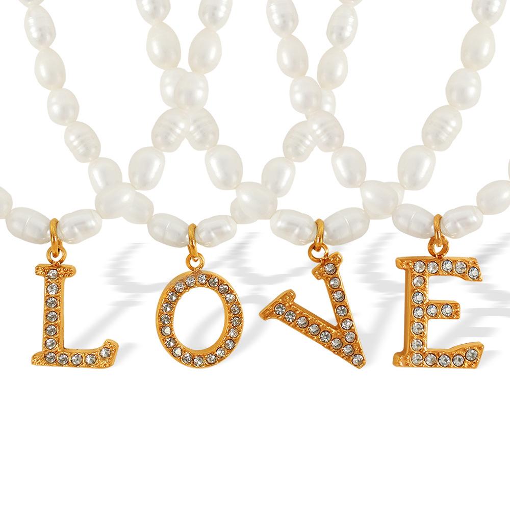 French Simple Versatile Freshwater Pearl Necklace 26 Letter Rhinestone Pendant Titanium Steel Necklace Jewelry