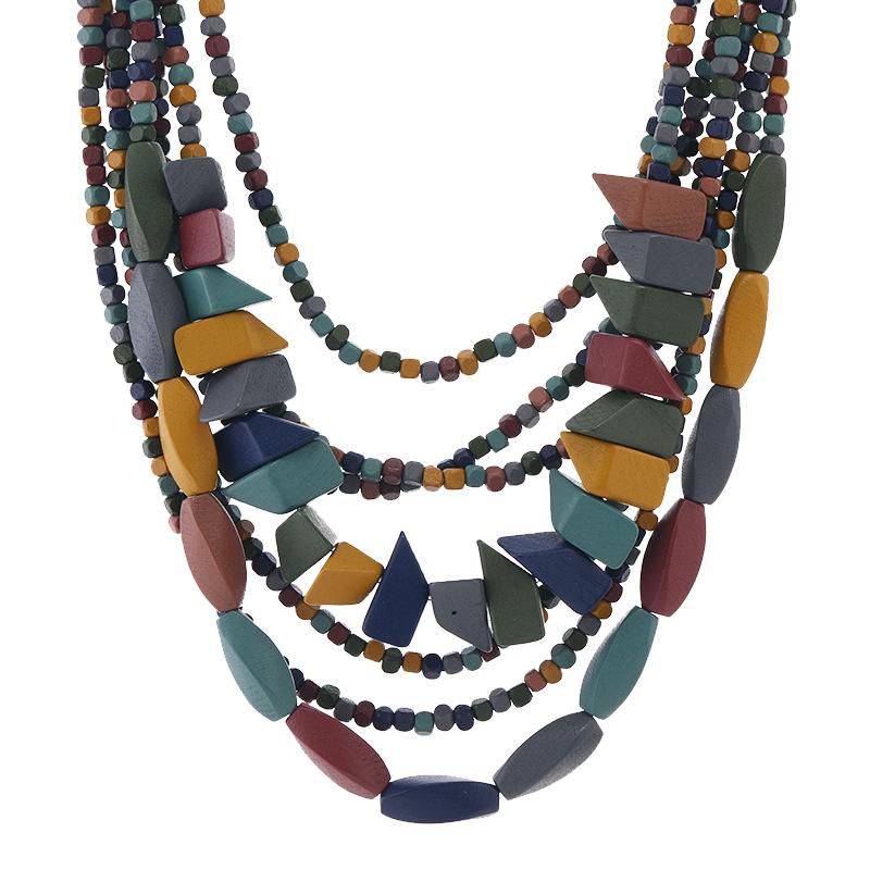 Vintage Morandi color wood bead necklace female personality exaggerated bohemian vacation stage accessories