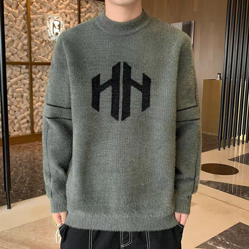 

Men s High-Grade Mink Velvet Sweater - Autumn/Winter Half-High Collar Knitwear, Plus Velvet for Extra Warmth M сірий колір/зелений