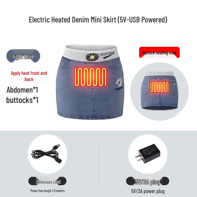 Heated Denim Skirt - Women s Slim Fit, Belly Warming, Anti-Exposure, Hip Hugging L (98-108 lbs)